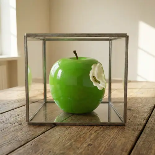 Glossy Green Apple in Glass Cage with Worm - Fresh Fruits