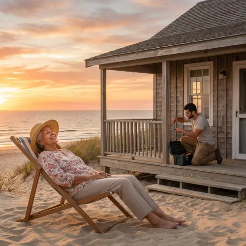 Tranquil Summer Day: Elderly Woman Sunbathing, Man Repairing House by the Sea