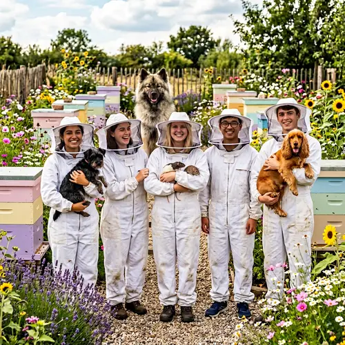 Diverse Group of Friends in Beekeeper Costumes with Pet Dogs and Rats