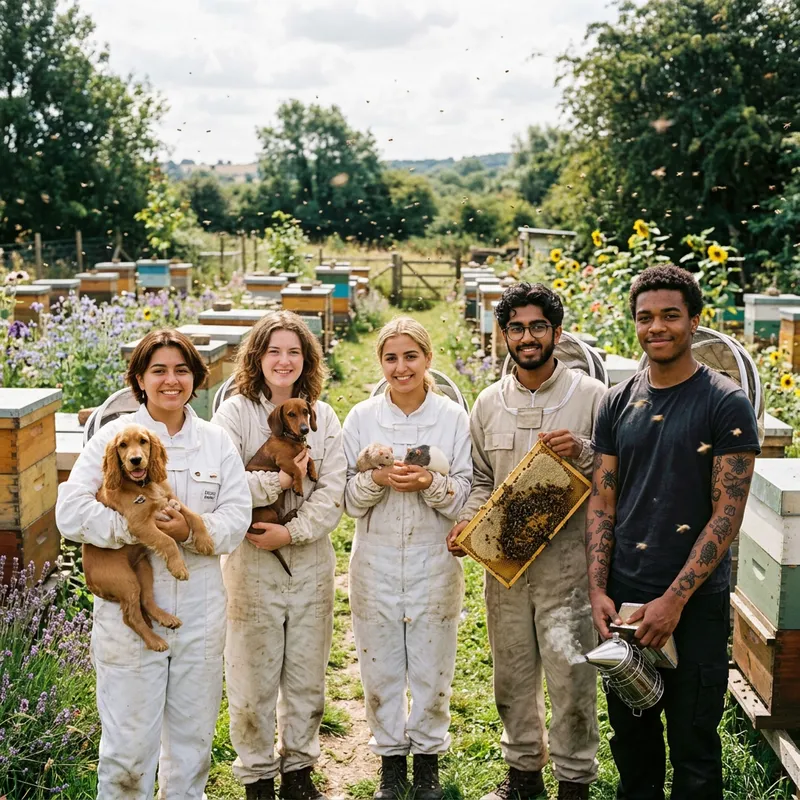 Portrait of Five Young Beekeepers with Unique Pets | Diverse Group Portrait of Five Young Beekeepers with Unique Pets | Diverse Group