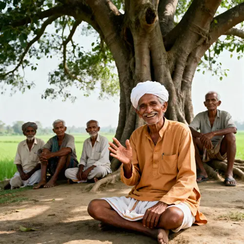 Elderly Indian Villager Smiling Under Banyan Tree