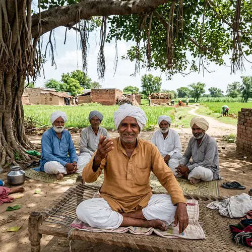 Elderly Indian Villager Smiling Under Banyan Tree