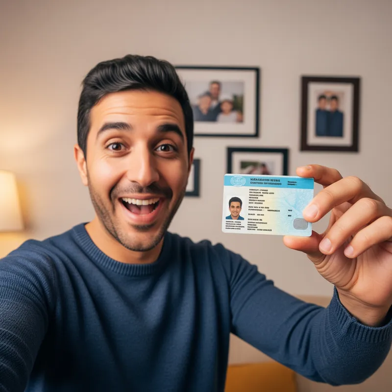 Cheerful Middle-Eastern Man Selfie with ID Card