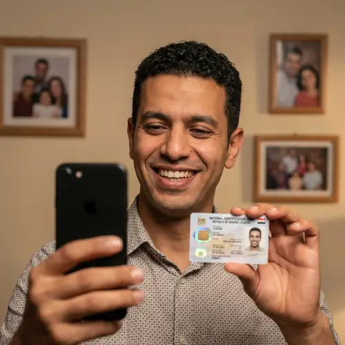 Cheerful Middle-Eastern Man Selfie with ID Card