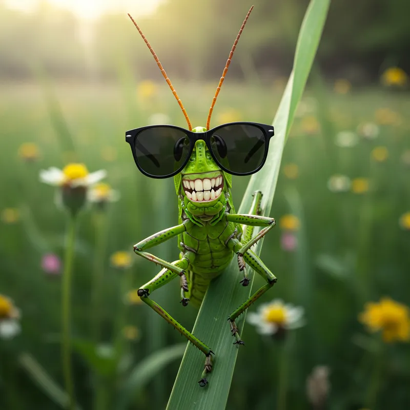 Smiling Grasshopper in Sunglasses - Fun and Quirky