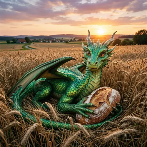 Whimsical Dragon in Green Scales Resting in Rye Field with Bread
