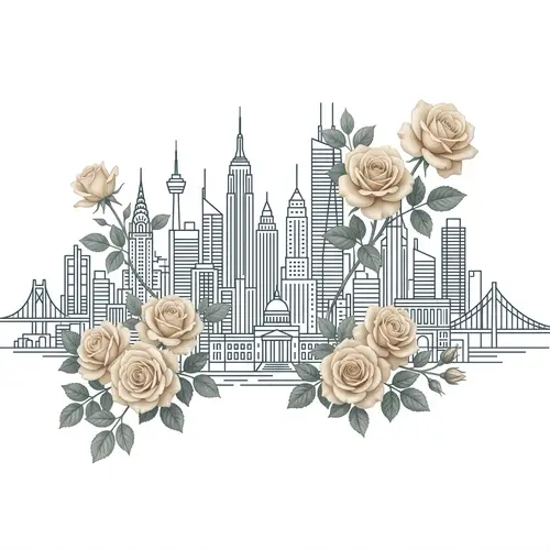Urban Cityscape Silhouette with Roses in Color Code #3f4f58, #DACFB7, #7f8d8b