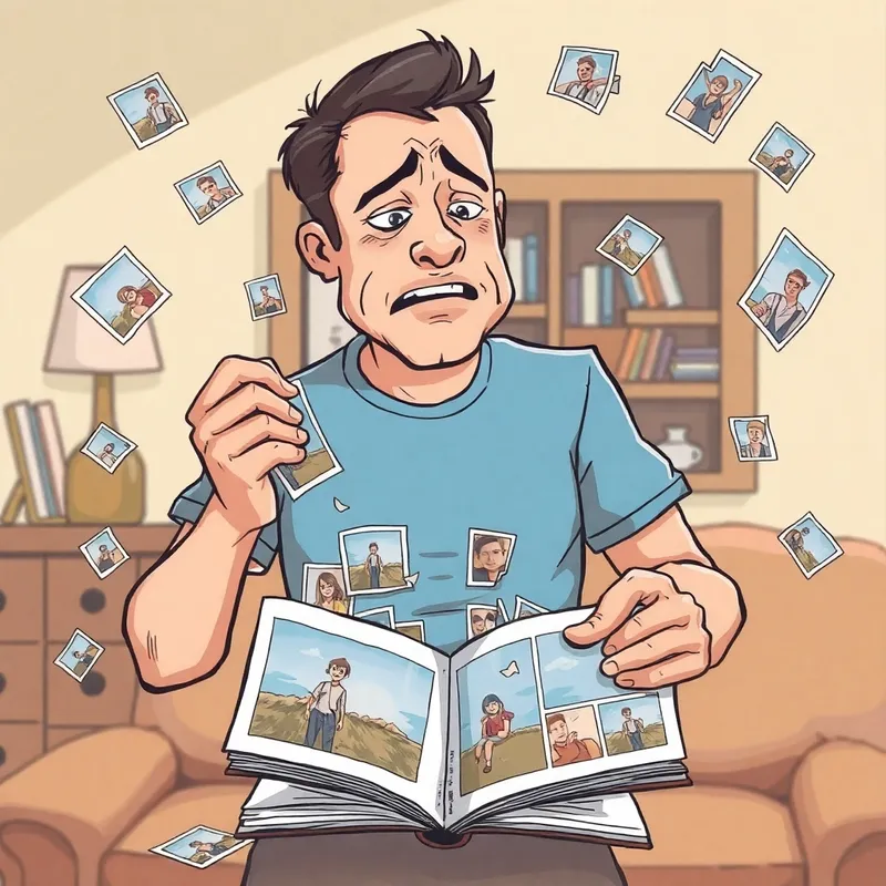 Frustration in Memories: Cartoon of a Man Tearing Photos