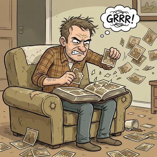 Frustration in Memories: Cartoon of a Man Tearing Photos