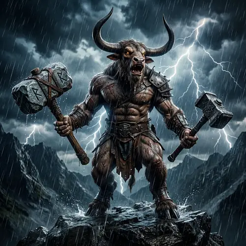 Powerful Minotaur in Thunderstorm | Mythic Hammer Warrior