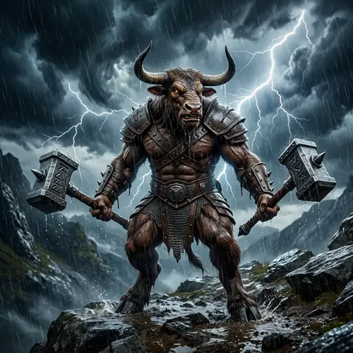 Powerful Minotaur with Dual Hammers in Turbulent Thunderstorm