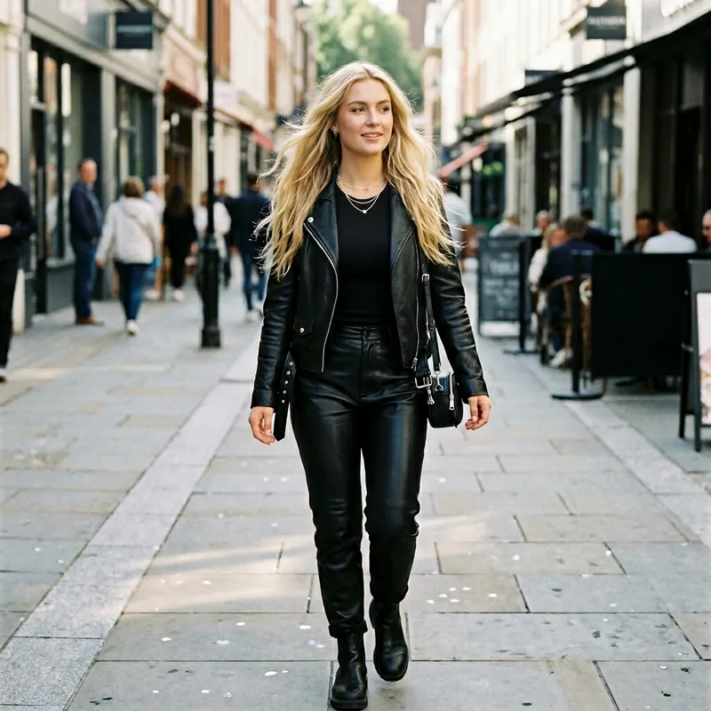 Stunning Blonde in Black Leather Outfit