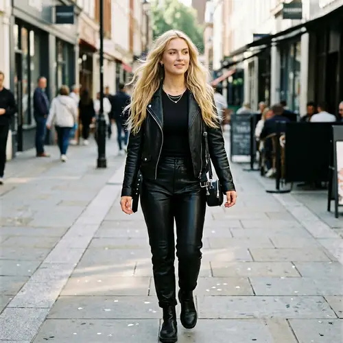 Stunning Blonde in Black Leather Outfit