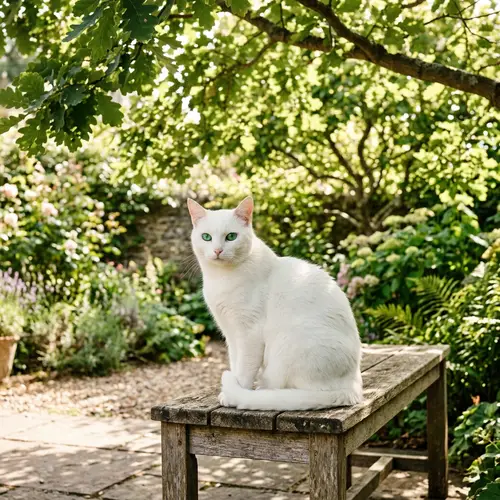 White Cat Enjoying Serene Garden Patio | Tranquil Scene