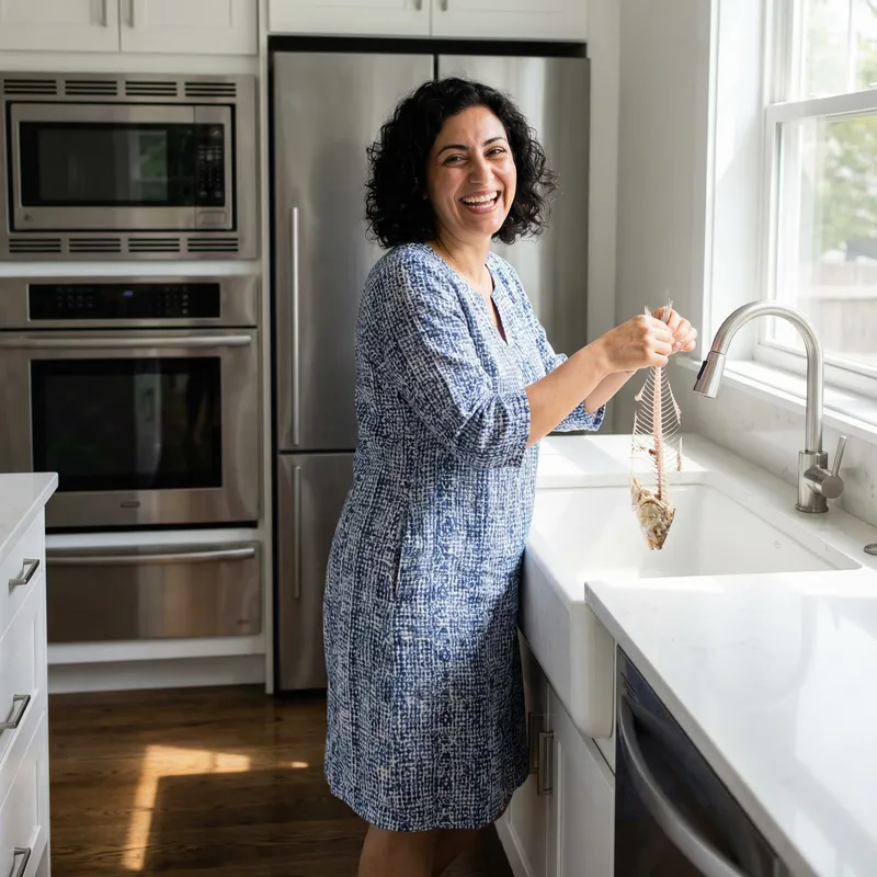 Graceful Middle-Eastern Woman Smiling in Modern Kitchen