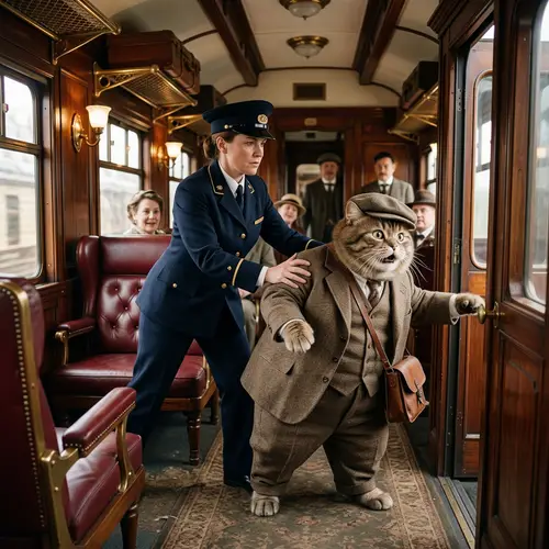 Female Conductor Removing Overweight Anthropomorphic Cat from Train Carriage