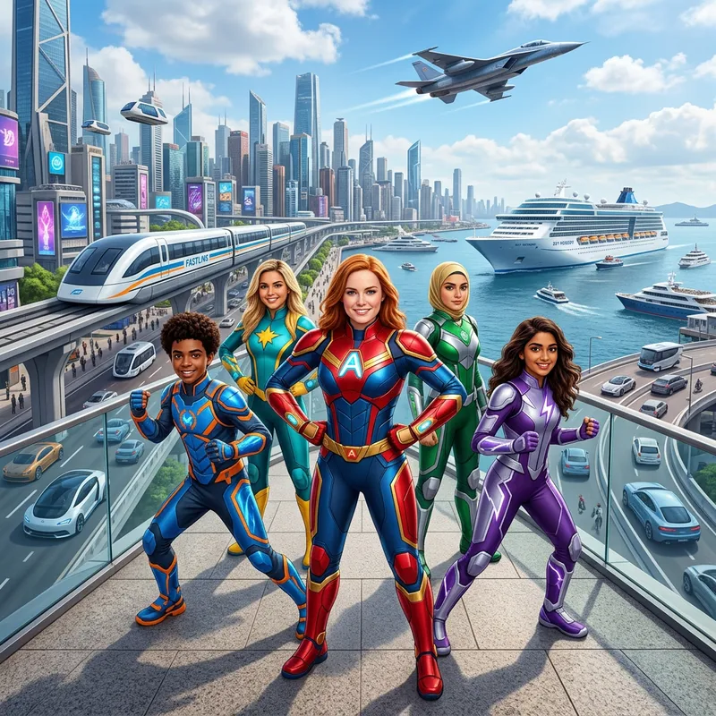 Diverse Superhero Group with Futuristic Transport in Action