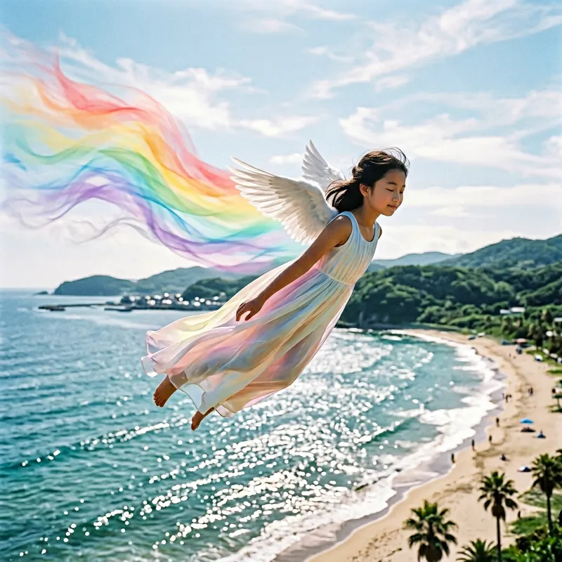Rainbow Gown Girl Soaring with Wings | Beach Serenity Scene