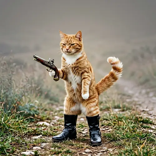 Booted Cat with Pistol - Heroic Ginger and White Feline