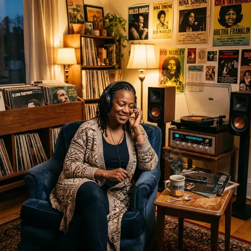 Cozy Room of Music Lover with Vintage Vinyl Records and Modern Sound System