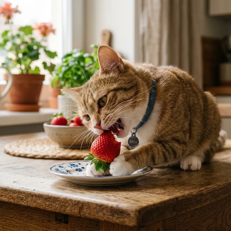 Cat Eating Strawberry - Adorable Scene of Feline Enjoying a Sweet Treat