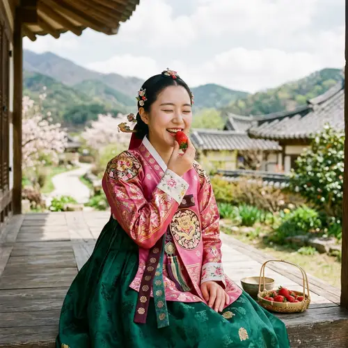 Korean Woman in Hanbok Enjoying Ripe Strawberry