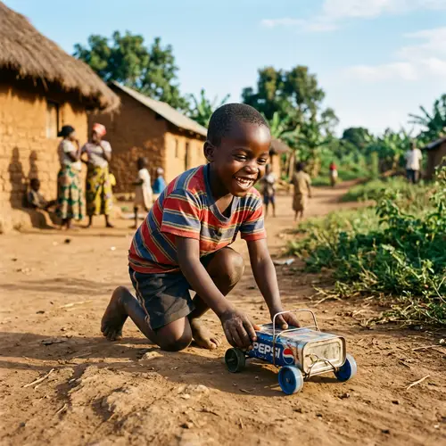 Joyful African Boy Playing in Vibrant Village Setting