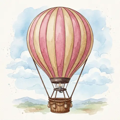 Pink & Beige Striped Hot Air Balloon Watercolor Art