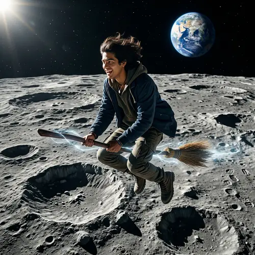 Young Hispanic Male Broomstick Flight Over Moon Craters