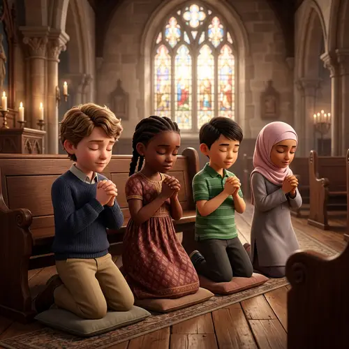 Diverse Children Praying in 3D Art Style