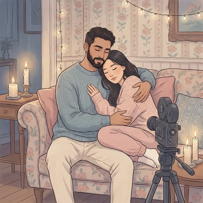 Vintage Romance: Cartoon Couple Embracing in Soft Pastel Colors