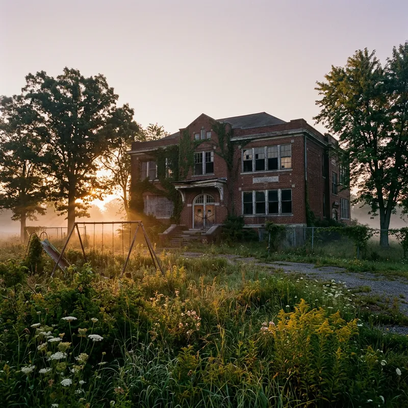 Early Morning Scene at Abandoned School: A Haunting Beauty Early Morning Scene at Abandoned School: A Haunting Beauty