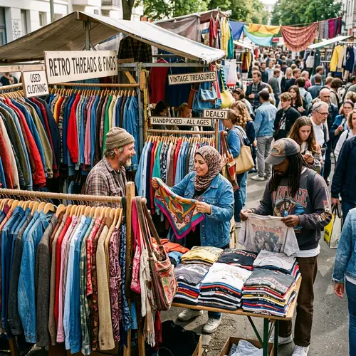 Bustling Flea Market with Colorful Garments & Diverse Buyers