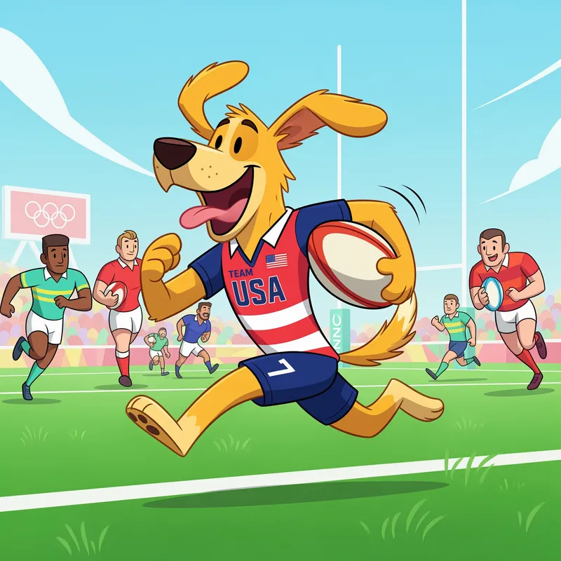 Happy Cartoon Dog Competing for Team USA Rugby
