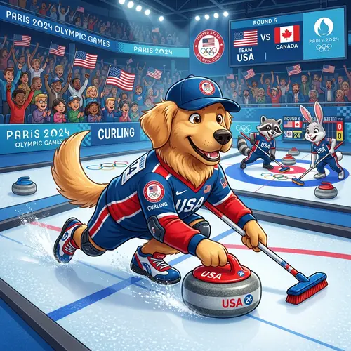 Team USA Cartoon Dog in Olympic Curling