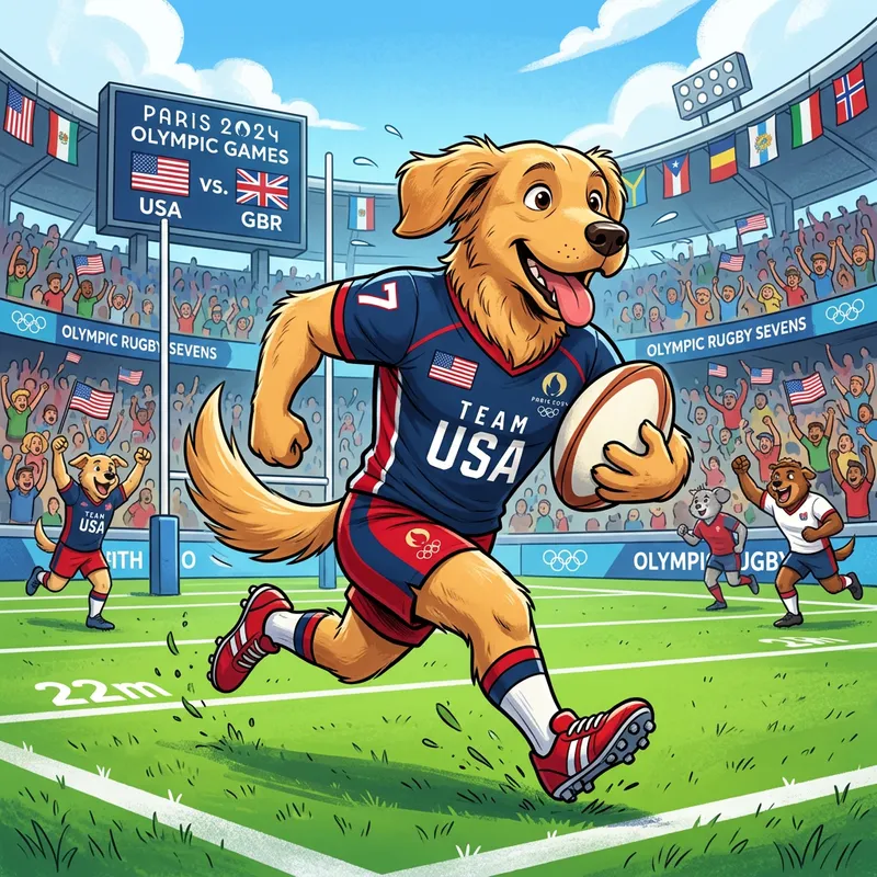 Happy Cartoon Dog Competing for Team USA Rugby Happy Cartoon Dog Competing for Team USA Rugby