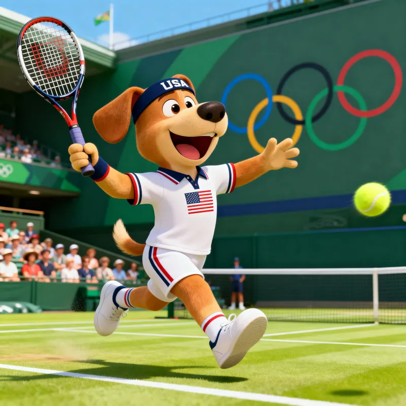 Cartoon Dog Competing for Team USA in Tennis