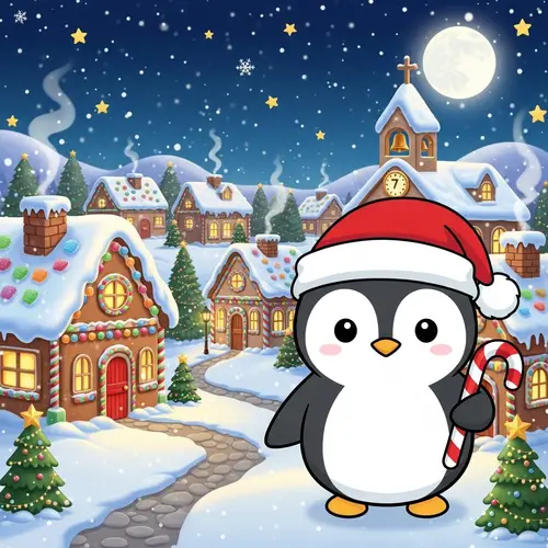 Cartoon Christmas Penguin with Candy Cane