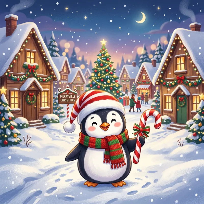 Cartoon Christmas Penguin with Candy Cane