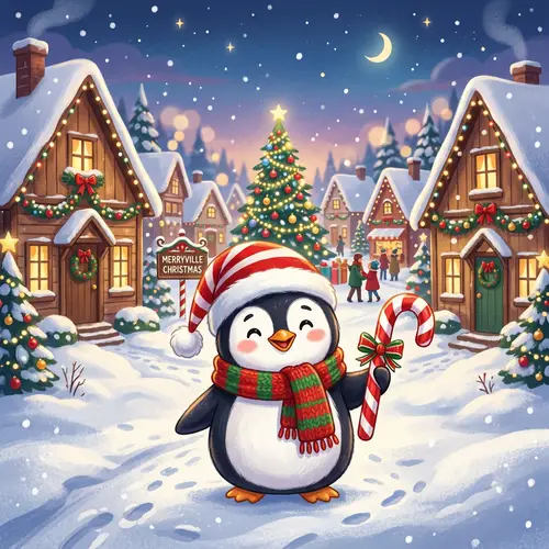 Cartoon Christmas Penguin with Candy Cane