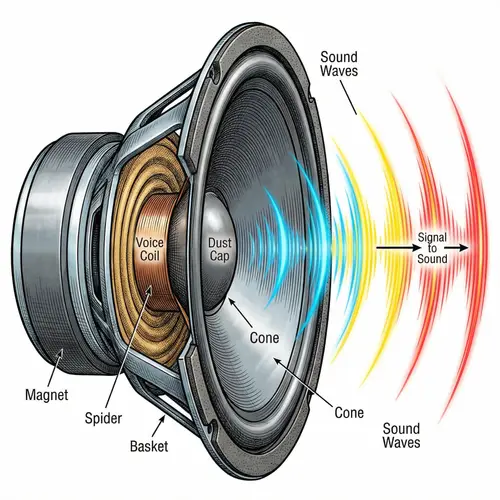 Illustration of Speaker Components and Sound Waves | Educational Style
