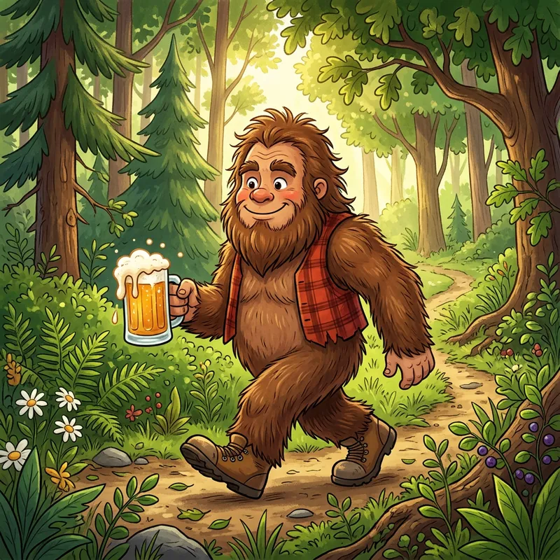 Cartoon Sasquatch Enjoying Beer in Relaxing Forest
