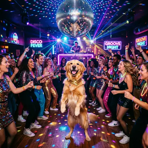 Colorful Disco Scene with a Playful Golden Retriever