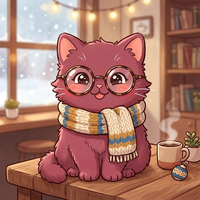 Cute Dark Pink Cat in Stylish Winter Wear