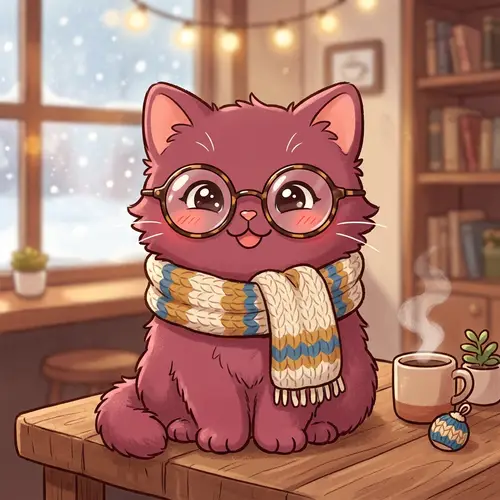Cute Dark Pink Cat in Stylish Winter Wear