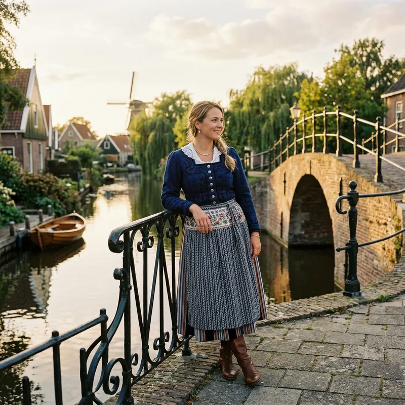 Serene Dutch Woman by Bridge: Tranquility and Elegance