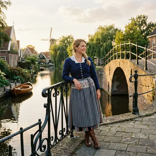 Dutch Woman by Bridge: Traditional Elegance and Classic Views