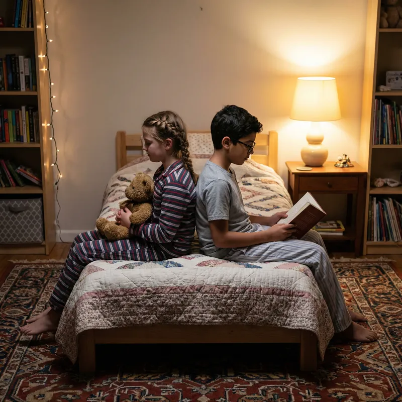 Calming Bedtime Scene with Girl, Boy, and Teddy Bear Calming Bedtime Scene with Girl, Boy, and Teddy Bear