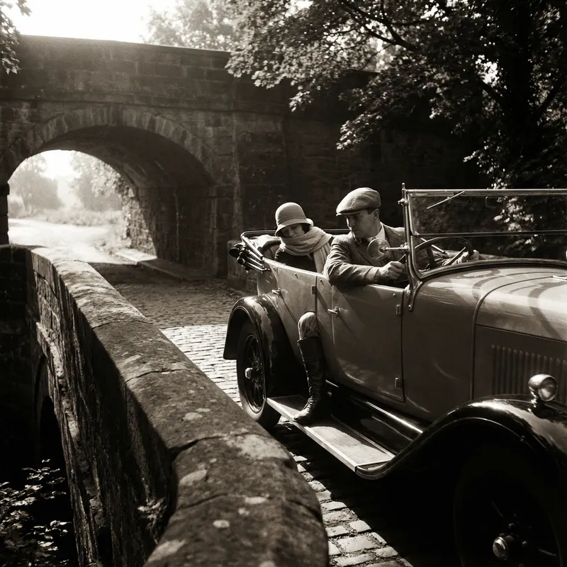 Vintage Car Crossing Historic Bridge - Capturing a Bygone Era