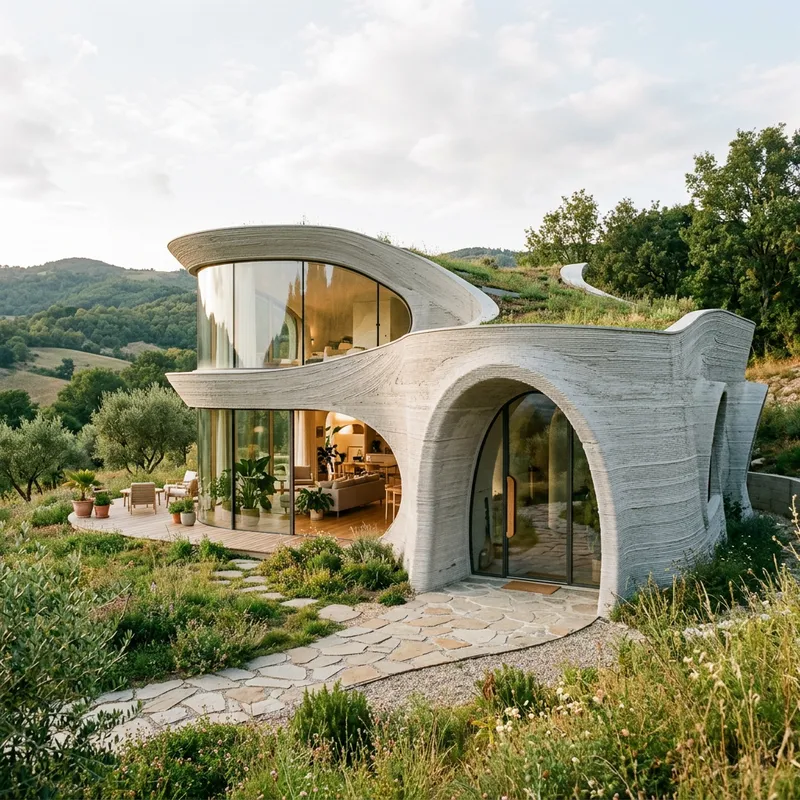 Modern 3D Printed Concrete House with Organic Shapes and Large Windows